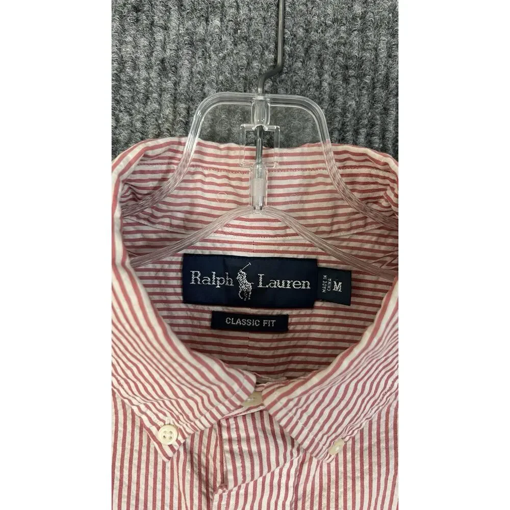 Ralph Lauren Button Down Shirt Mens Medium Red White Striped Seersucker Preppy